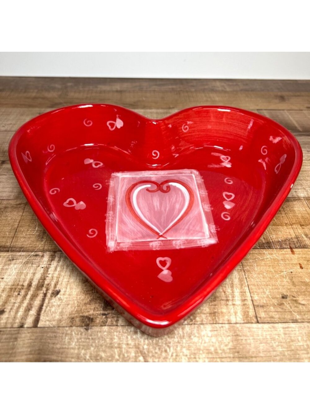 Heart-Shaped Red Ceramic Serving Dish With Hand-Painted Design By Hausenware